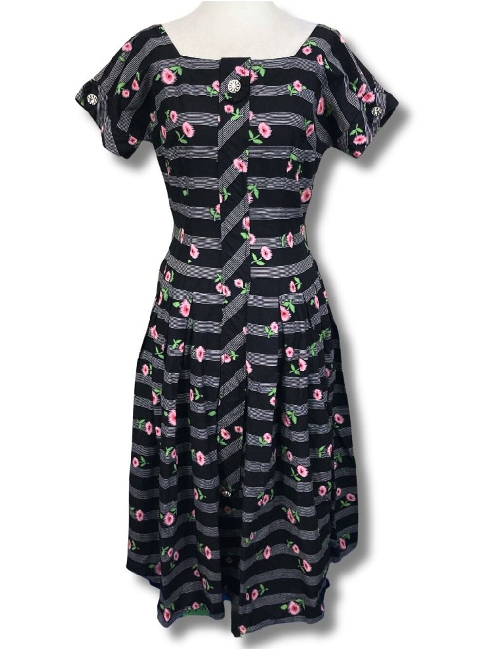MID-CENTURY VINTAGE Dark floral striped short-sleeve dress SMALL MEDIUM